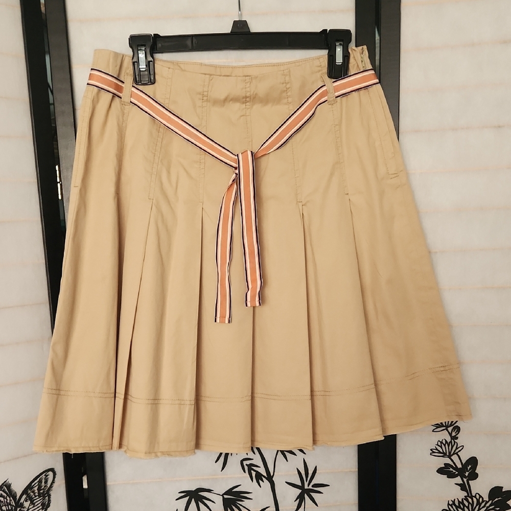 Vintage Khaki Pleated J Crew Skirt with Striped Belt